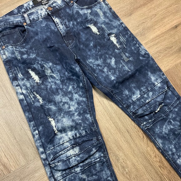 True Luck Jeans Mens 36x34 Blue Distressed Acid Wash Slim Fit Moto Biker Denim - Picture 10 of 11